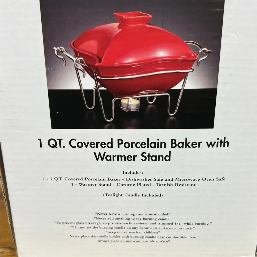 Godinger Red Porcelain Covered Baker with Chrome Warmer Stand